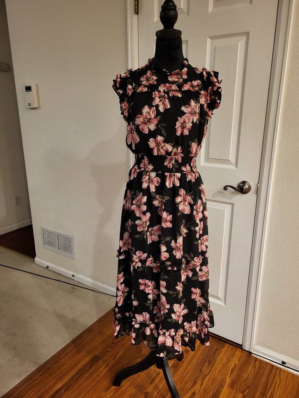 CeCe Black Midi Dress with Pink Floral Print - Picture 2 of 5